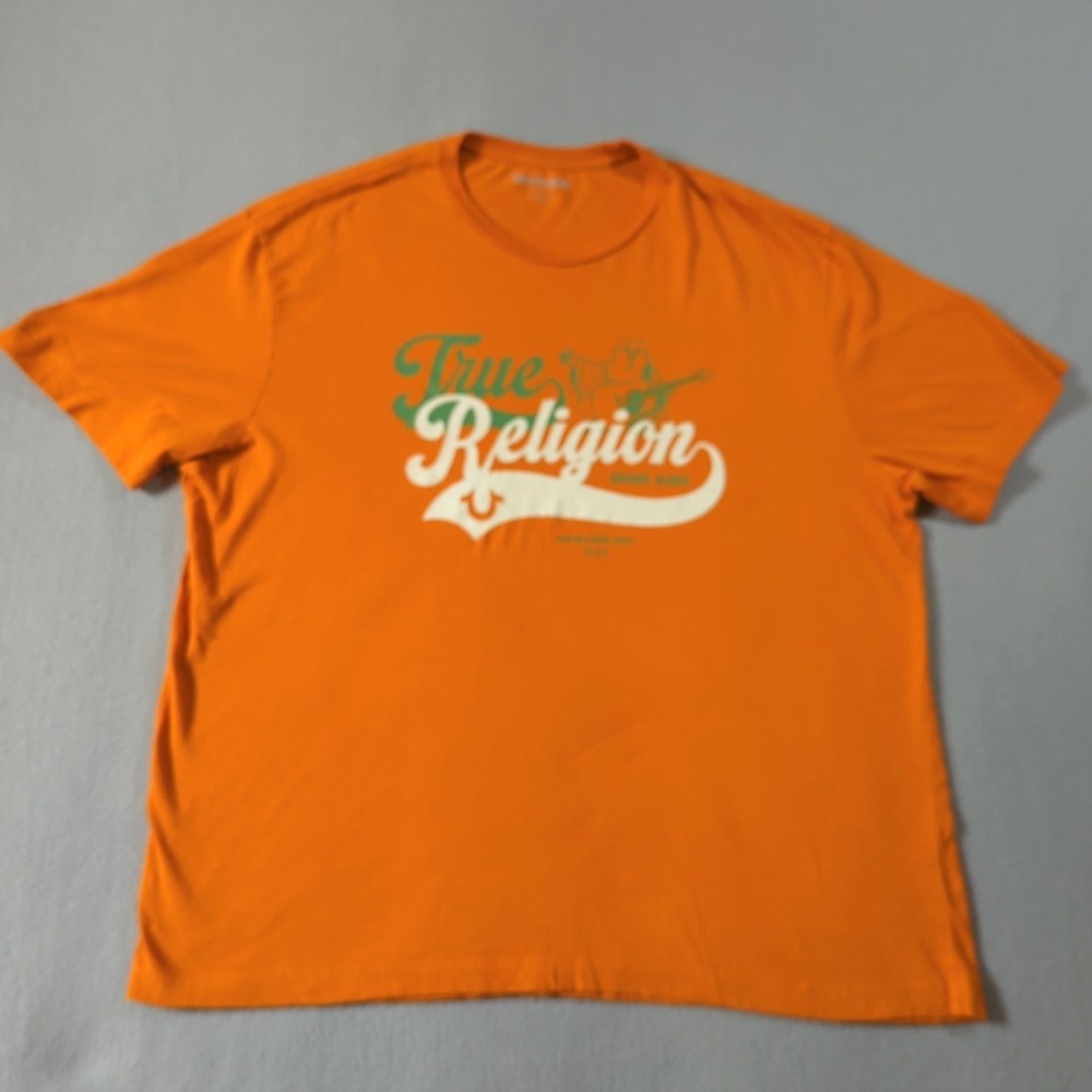 True Religion Mens Orange Graphic T Shirt Buddha Guitar Size 2XL Relaxed Fit - Picture 2 of 9